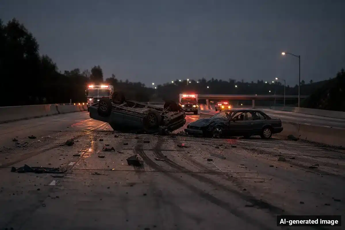 AI-generated image – Santa Maria Driver Killed in Highway 101 Crash in SLO County AI-generated image depicting the aftermath of the reported collision. Editorial scene illustration; not the actual incident.