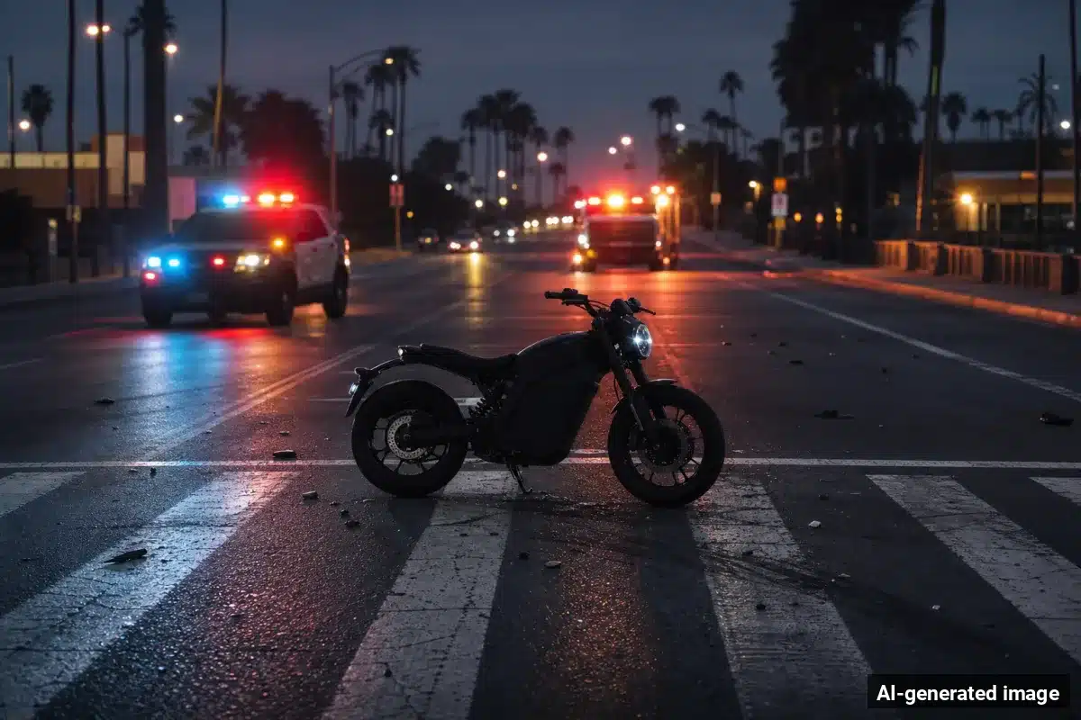 AI-generated image – Seal Beach Woman, 72, Shares Recovery After E-Motorcycle Crash AI-generated image depicting the aftermath of the reported collision. Editorial scene illustration; not the actual incident.