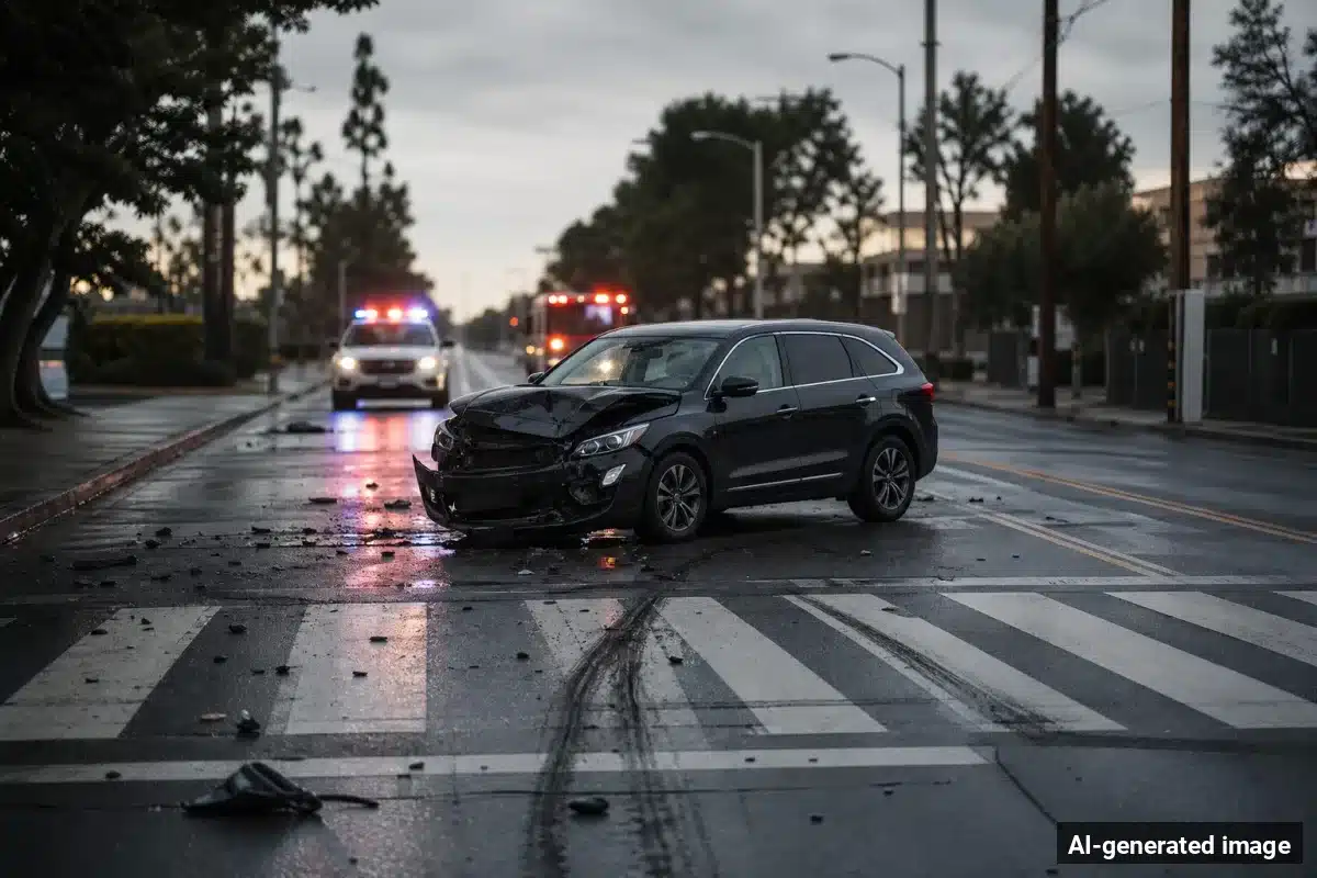 AI-generated image – Teen Pedestrian Killed on Union Avenue in Bakersfield AI-generated image depicting the aftermath of the reported collision. Editorial scene illustration; not the actual incident.