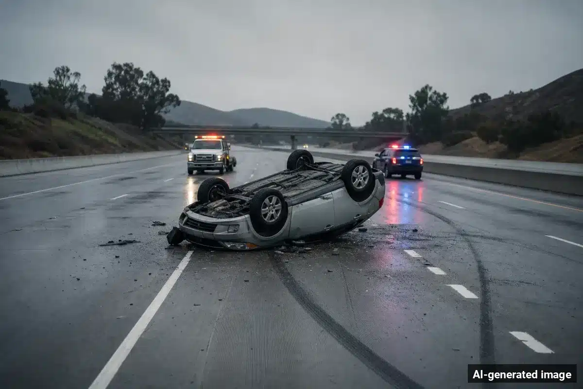 AI-generated image – Three Hospitalized in I-10 Rollover Crash Near Mecca AI-generated image depicting the aftermath of the reported collision. Editorial scene illustration; not the actual incident.
