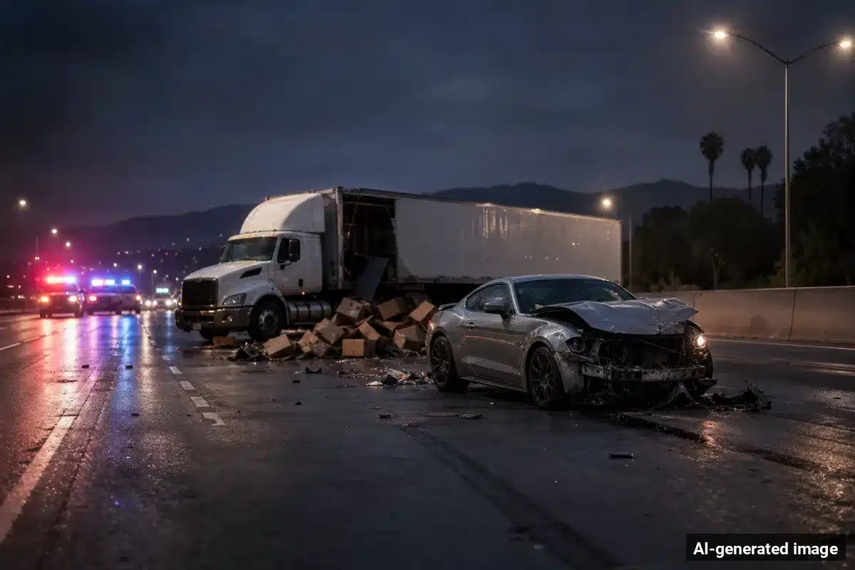 AI-generated image – Three Hurt in Mustang, Tractor-Trailer Crash on Bear Valley Road AI-generated image depicting the aftermath of the reported collision. Editorial scene illustration; not the actual incident.