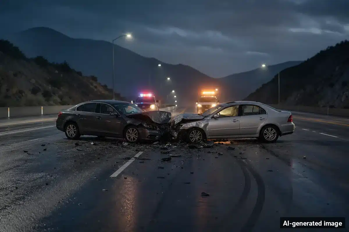 AI-generated image – Two Killed in Head-On Crash on Mount Emma Road in Littlerock AI-generated image depicting the aftermath of the reported collision. Editorial scene illustration; not the actual incident.