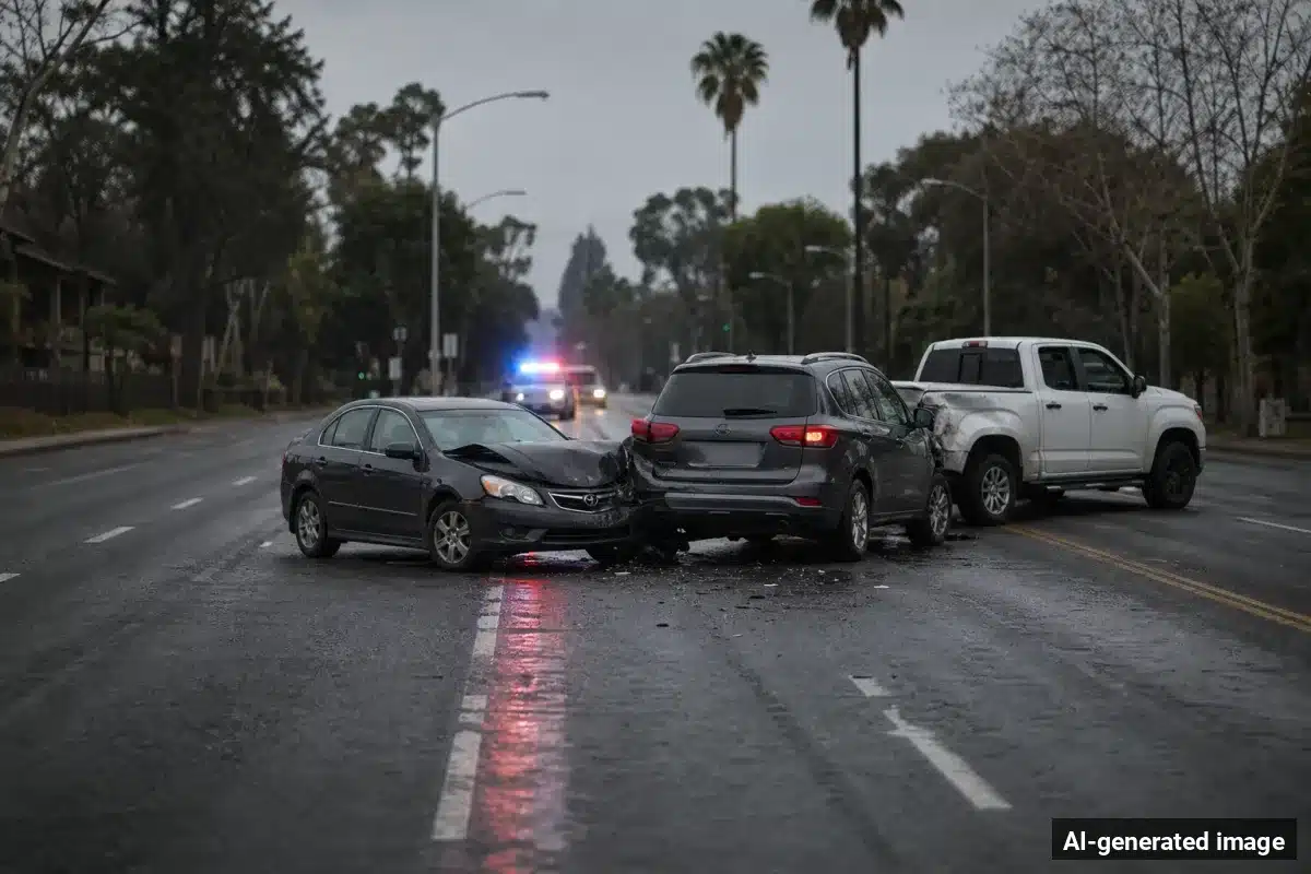 AI-generated image – Two Killed in Three-Car Crash in Hyde Park Area of South LA AI-generated image depicting the aftermath of the reported collision. Editorial scene illustration; not the actual incident.