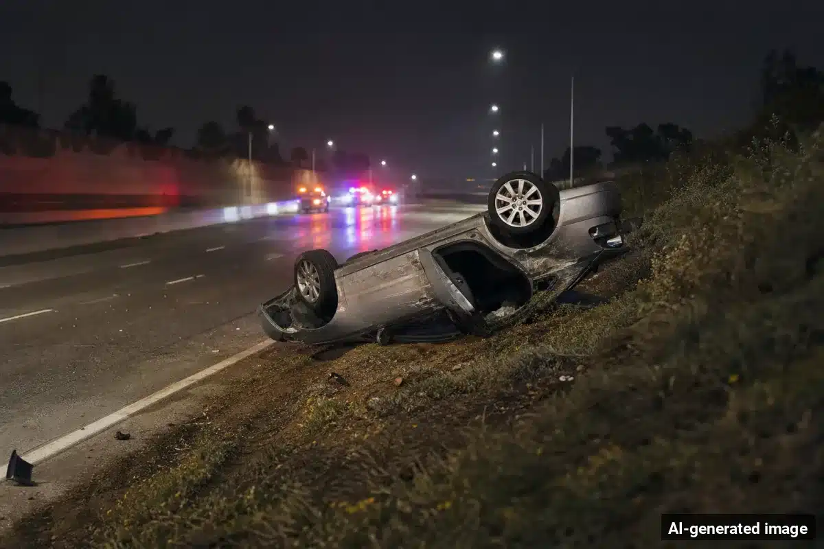 AI-generated image – Woman, 20, Killed in I-15 Rollover Crash in Cajon Pass AI-generated image depicting the aftermath of the reported collision. Editorial scene illustration; not the actual incident.