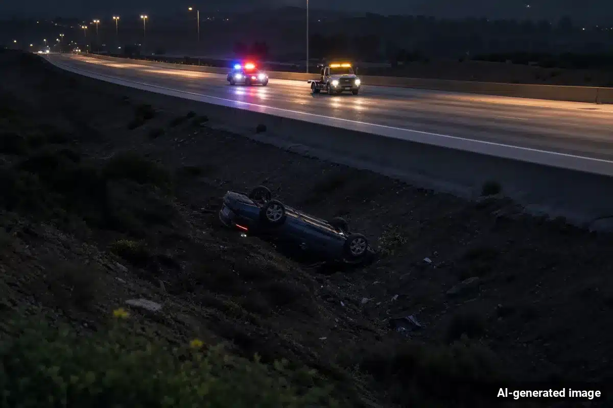 AI-generated image – Woman Killed, Two Critically Hurt in I-15 Crash in Cajon Pass AI-generated image depicting the aftermath of the reported collision. Editorial scene illustration; not the actual incident.