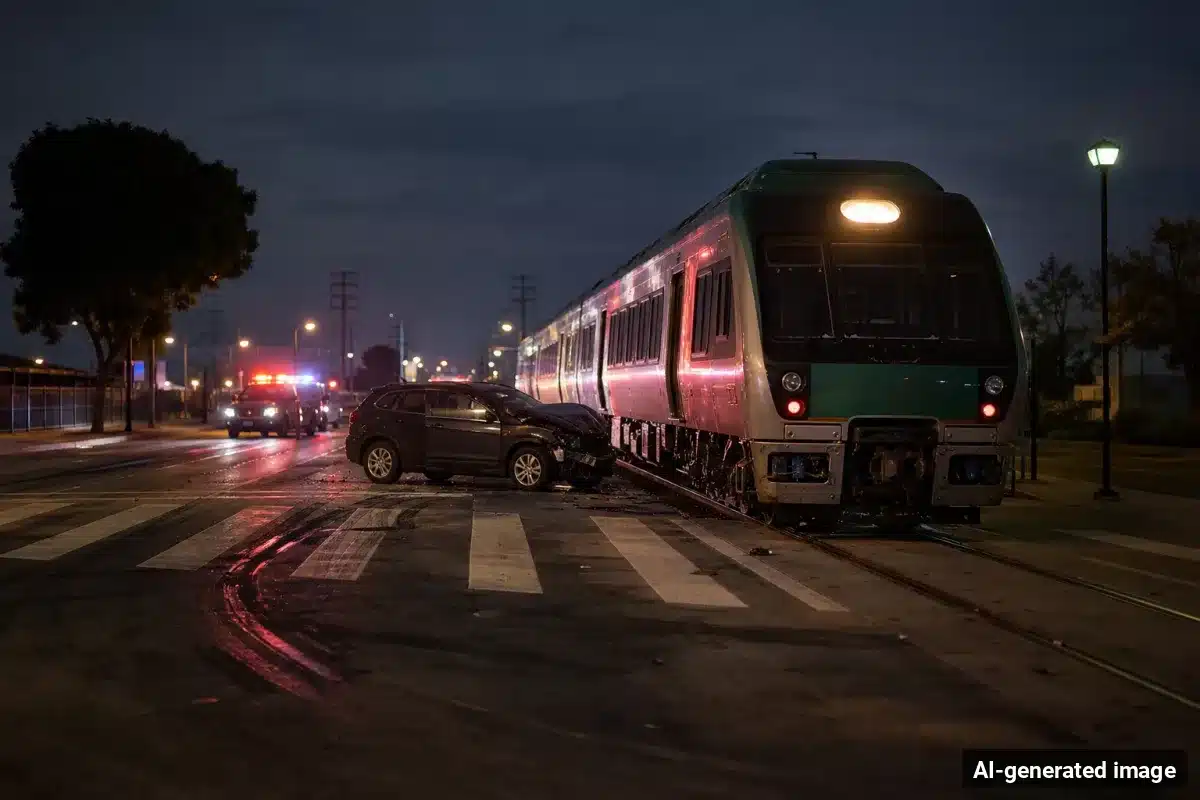 AI-generated image – Woman Seriously Hurt in SMART Train Collision in Santa Rosa AI-generated image depicting the aftermath of the reported collision. Editorial scene illustration; not the actual incident.
