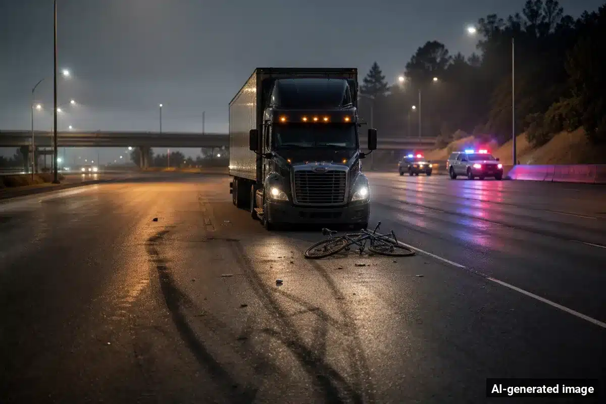 AI-generated image – Bicyclist Killed in Collision With Big Rig in Otay Mesa AI-generated image depicting the aftermath of the reported collision. Editorial scene illustration; not the actual incident.