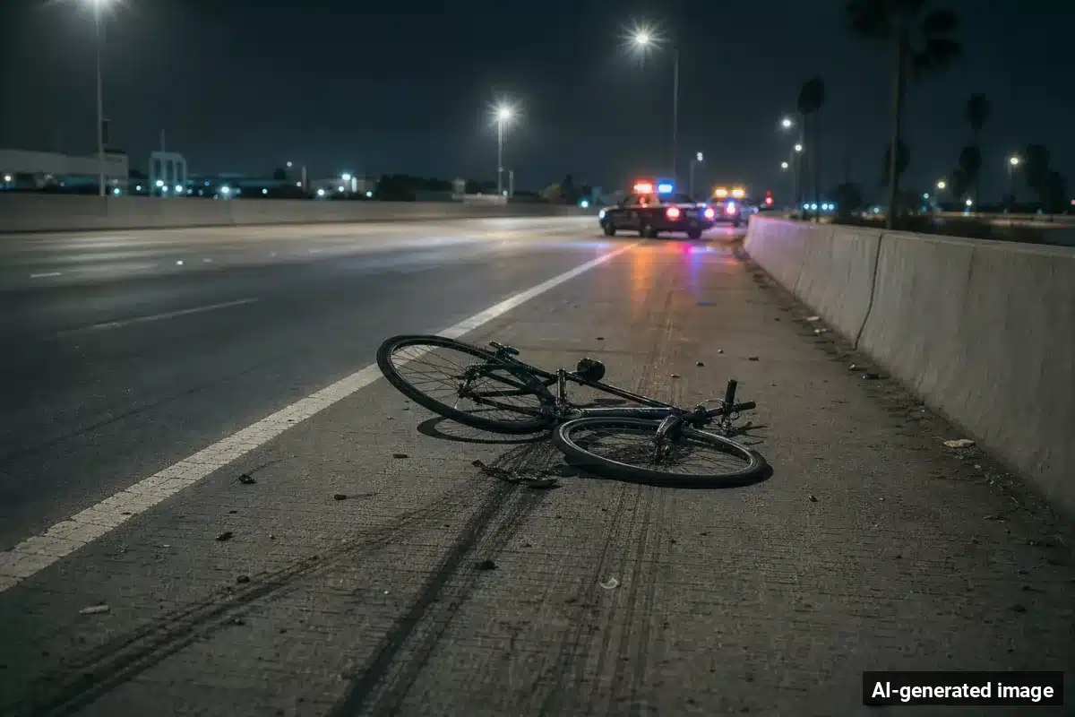 AI-generated image – Bicyclist Killed on 710 Freeway in East Los Angeles AI-generated image depicting the aftermath of the reported collision. Editorial scene illustration; not the actual incident.