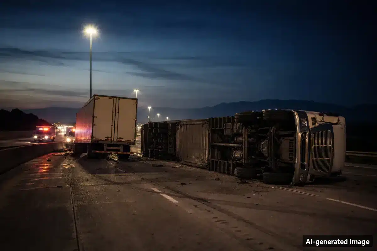 AI-generated image – Big Rig Overturns After I-8 Crash With Box Truck in Winterhaven AI-generated image depicting the aftermath of the reported collision. Editorial scene illustration; not the actual incident.