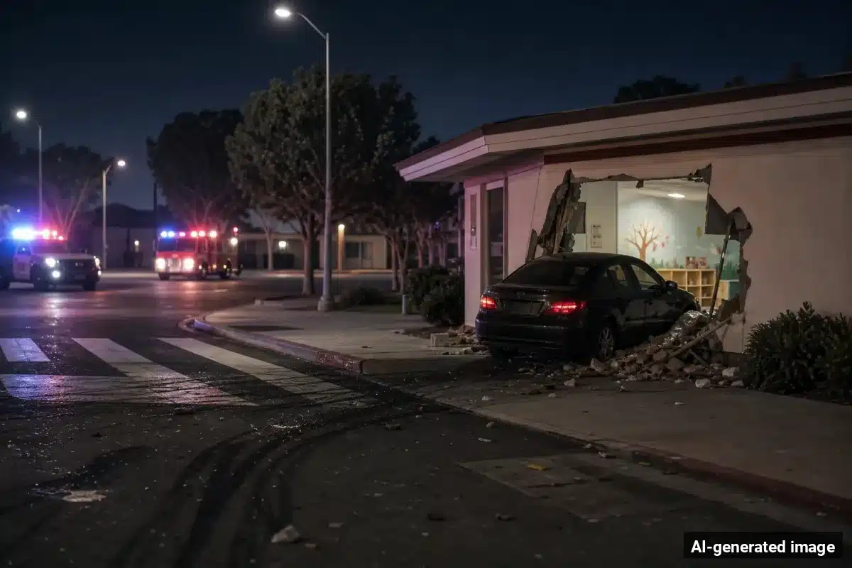 AI-generated image – Car Crashes Into Glendale Preschool, Eight Children Hurt AI-generated image depicting the aftermath of the reported collision. Editorial scene illustration; not the actual incident.