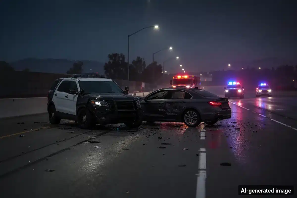 AI-generated image – Driver Hurt in Moreno Valley Crash With Sheriff’s Patrol SUV AI-generated image depicting the aftermath of the reported collision. Editorial scene illustration; not the actual incident.