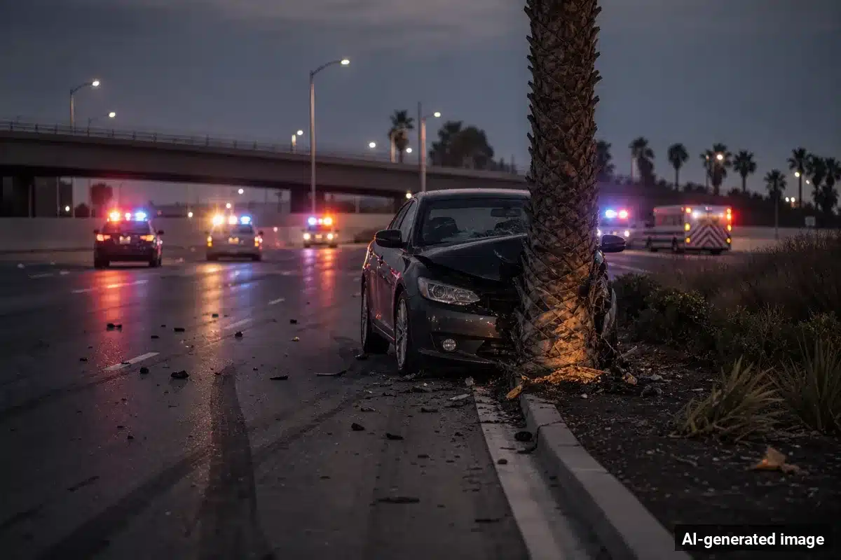 AI-generated image – Driver Killed in Pomona Pursuit Crash on Towne Avenue AI-generated image depicting the aftermath of the reported collision. Editorial scene illustration; not the actual incident.