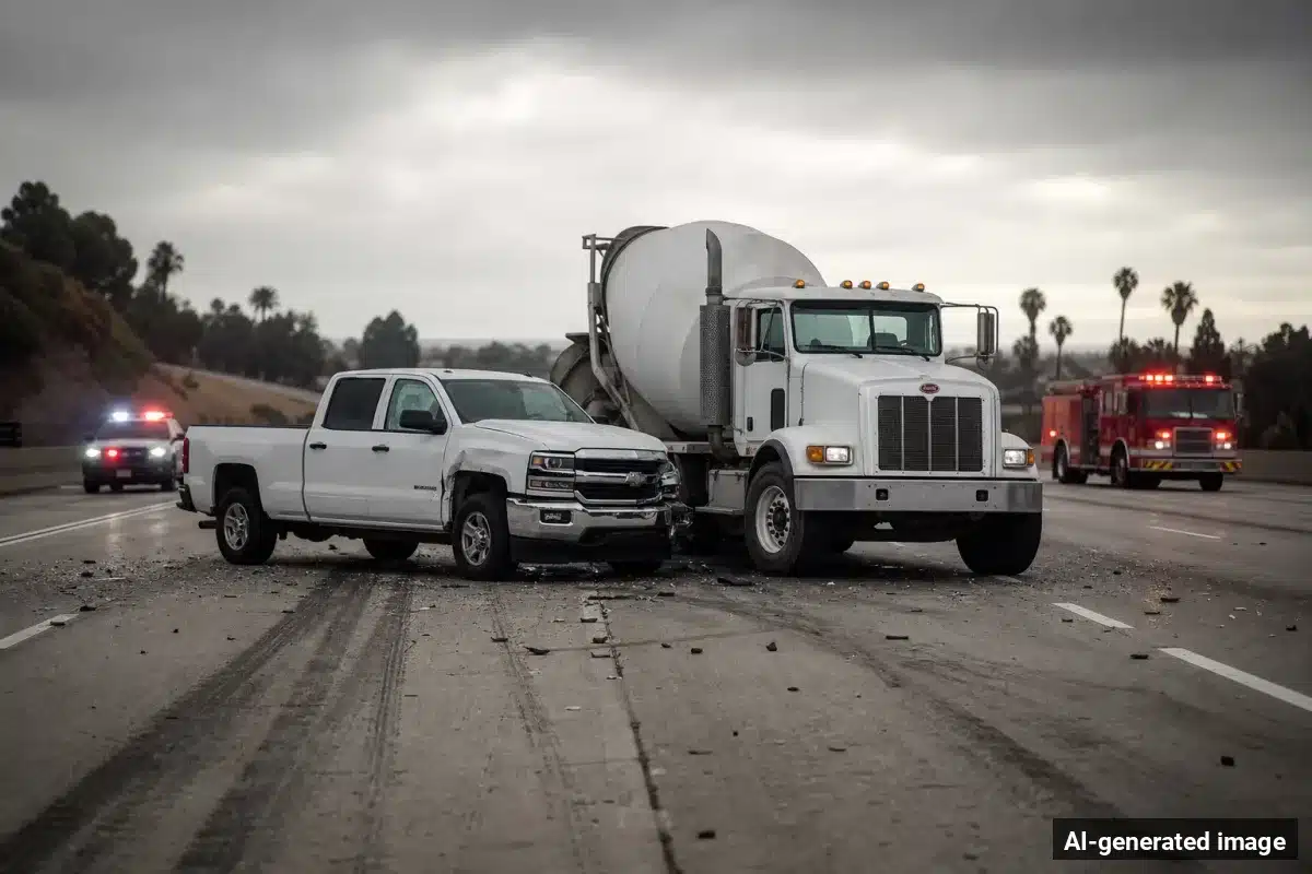 AI-generated image – DUI Suspected in Bear Valley Road Crash With Cement Truck in Victorville AI-generated image depicting the aftermath of the reported collision. Editorial scene illustration; not the actual incident.