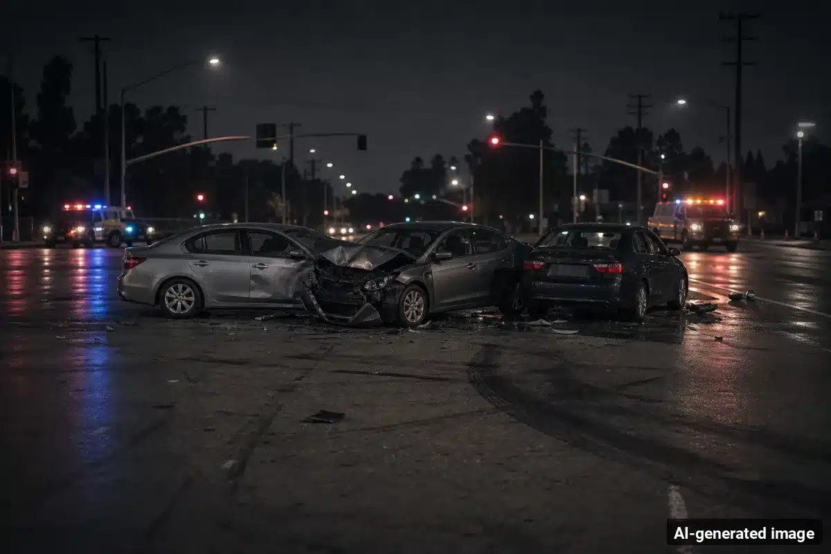 AI-generated image – Four Injured in Three-Vehicle Crash on MacArthur Boulevard in Newport Beach AI-generated image depicting the aftermath of the reported collision. Editorial scene illustration; not the actual incident.