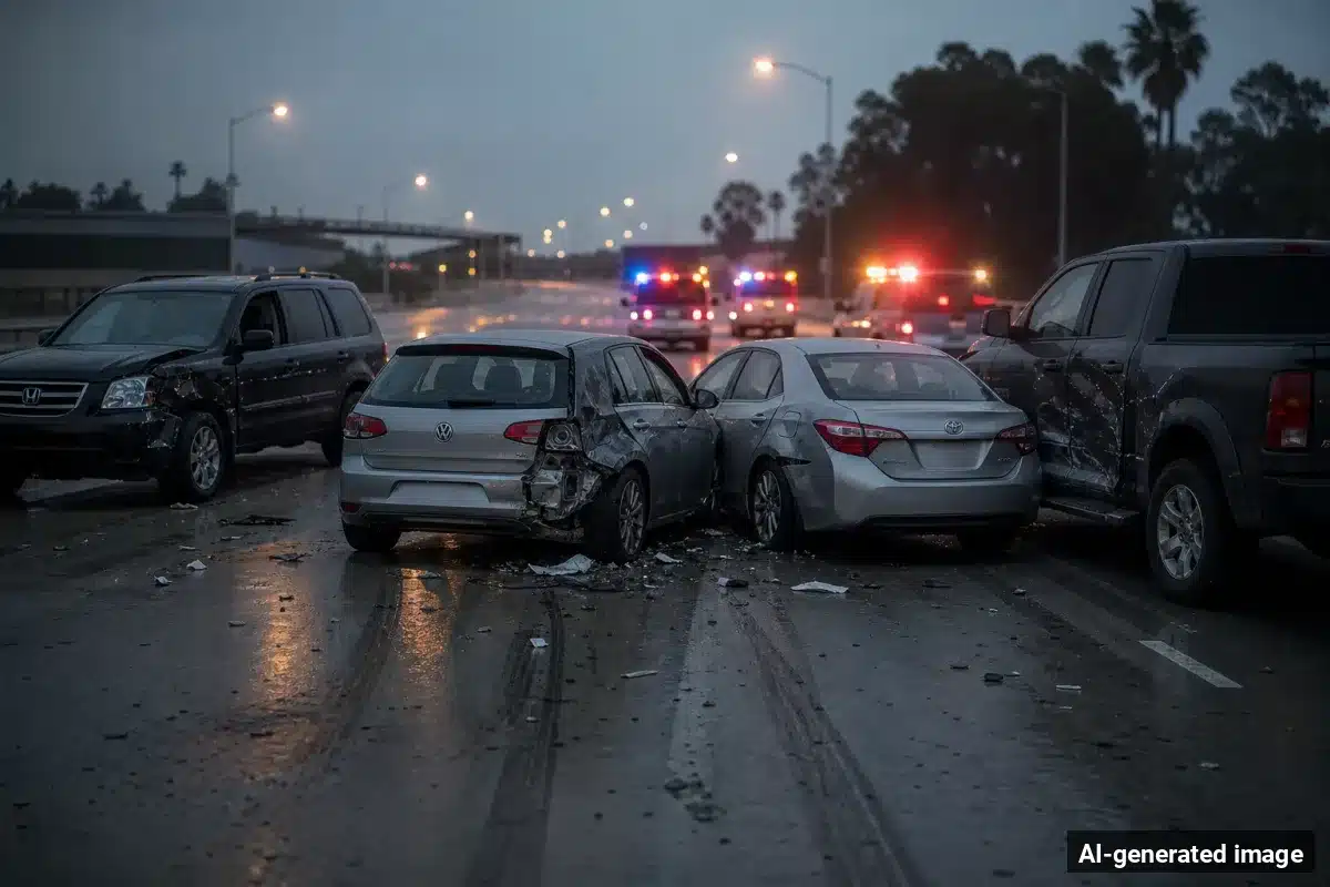 AI-generated image – Four-Vehicle Crash on Highway 101 in Petaluma Injures Driver AI-generated image depicting the aftermath of the reported collision. Editorial scene illustration; not the actual incident.