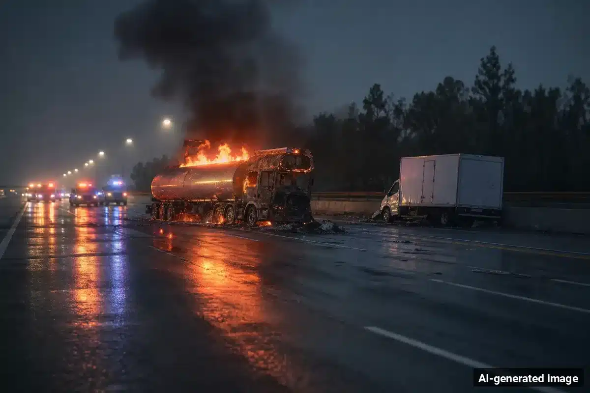 AI-generated image – Fuel Tanker Fire Snarls Highway 99 in Selma After Semi Crash AI-generated image depicting the aftermath of the reported collision. Editorial scene illustration; not the actual incident.