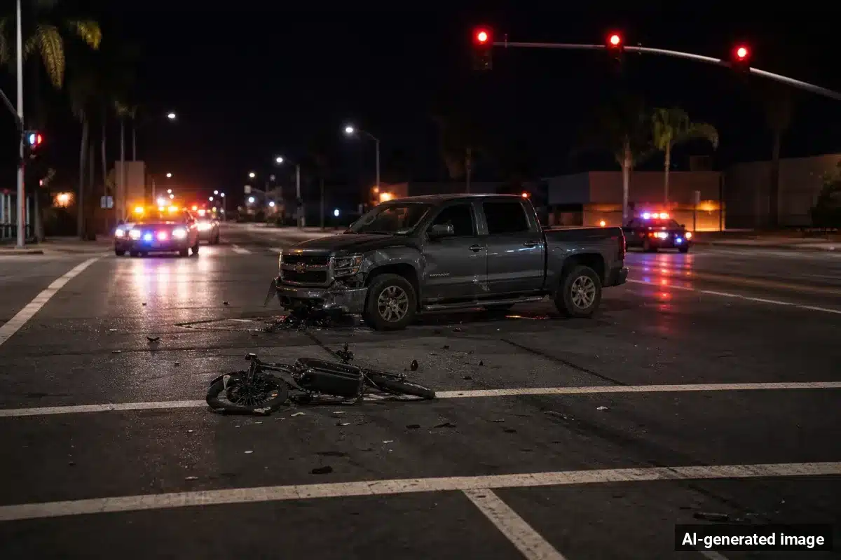 AI-generated image – Hesperia E-Bike Rider Critically Hurt in Main Street Crash AI-generated image depicting the aftermath of the reported collision. Editorial scene illustration; not the actual incident.