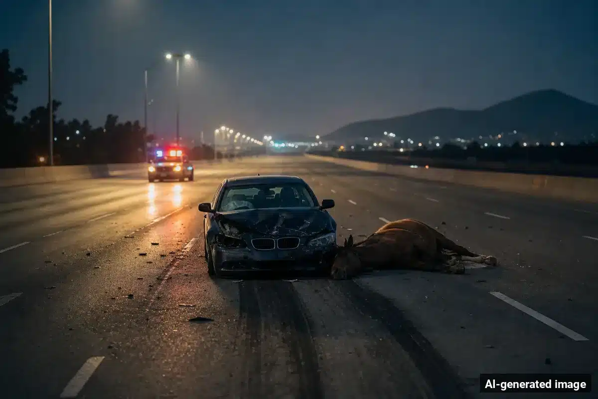 AI-generated image – Horse Killed, Two Injured in Cotati Crash on Stony Point Road AI-generated image depicting the aftermath of the reported collision. Editorial scene illustration; not the actual incident.