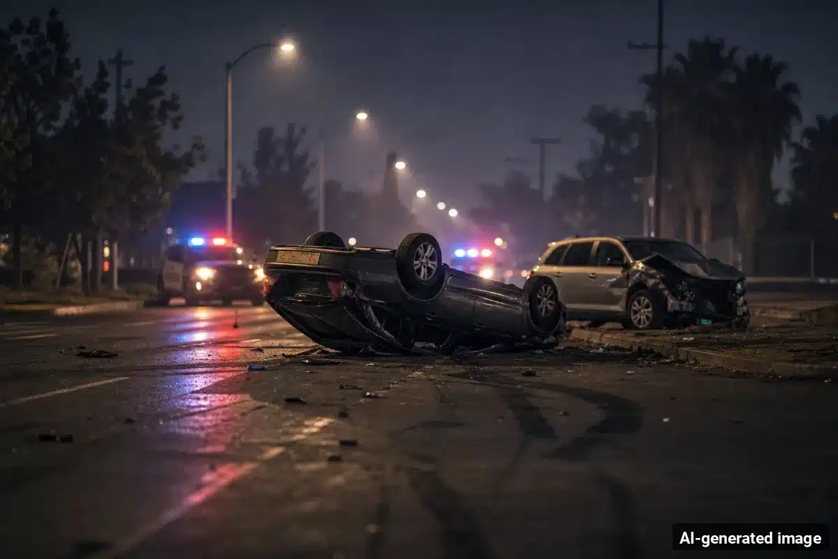 AI-generated image – Lemon Grove Two-Vehicle Crash on Massachusetts Avenue Injures Five AI-generated image depicting the aftermath of the reported collision. Editorial scene illustration; not the actual incident.