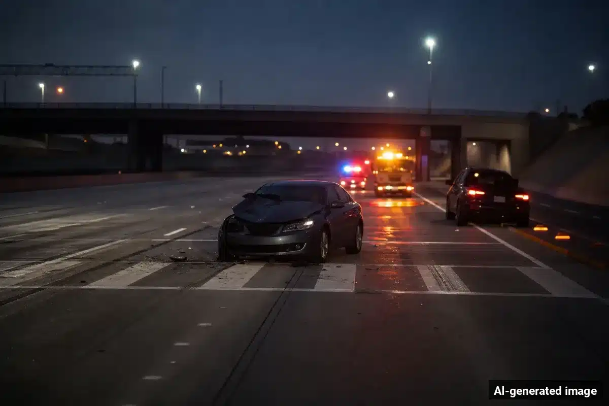 AI-generated image – Man Killed on Southbound 14 Freeway Near Ward Road in Acton AI-generated image depicting the aftermath of the reported collision. Editorial scene illustration; not the actual incident.