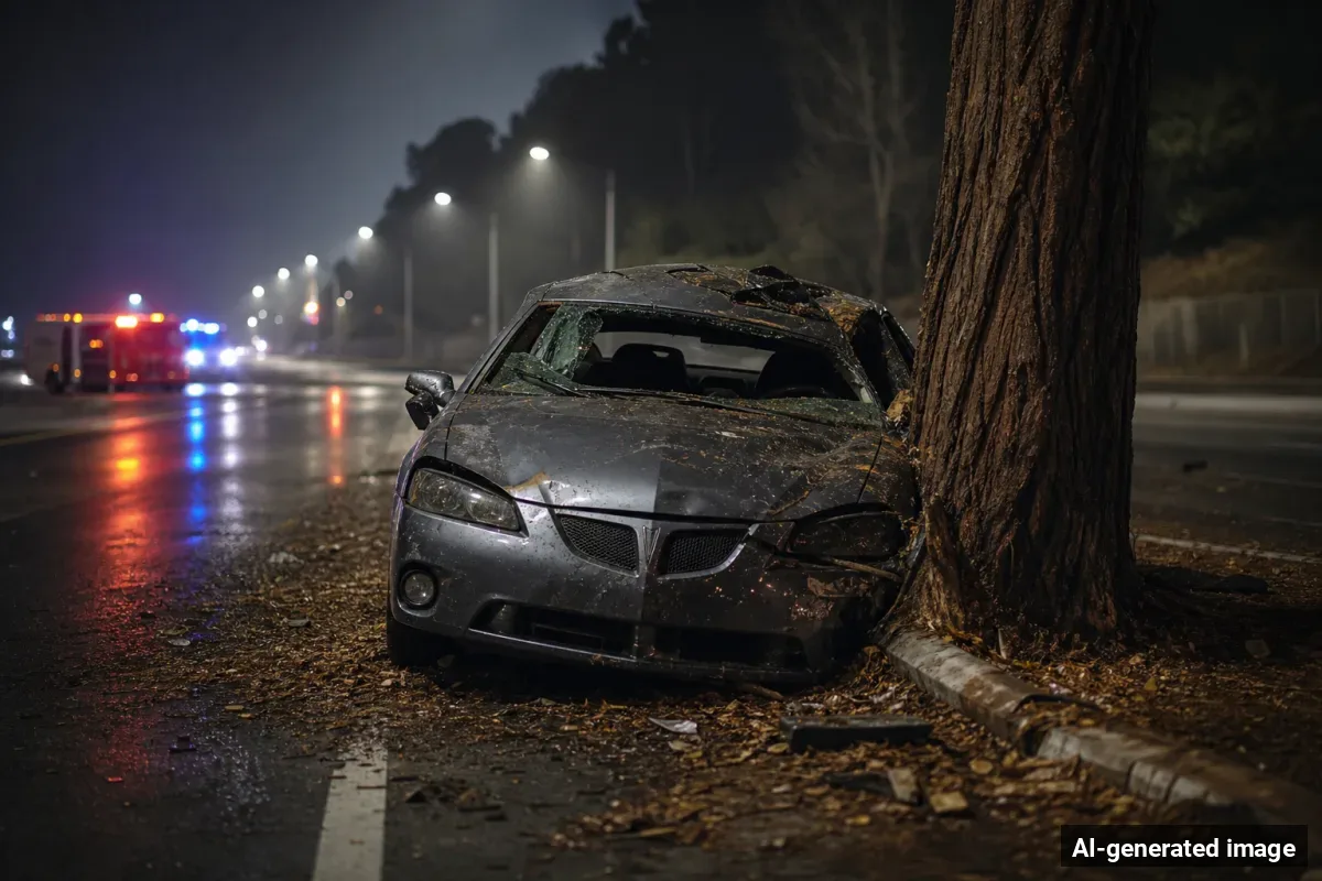 AI-generated image – Man Killed, Teen Hurt in Brooks Road Crash South of Santa Rosa AI-generated image depicting the aftermath of the reported collision. Editorial scene illustration; not the actual incident.