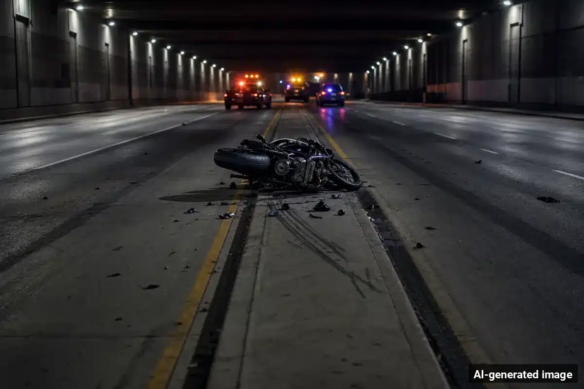 AI-generated image – Motorcycle Crash at Lighthouse Tunnel Snarls Monterey Traffic AI-generated image depicting the aftermath of the reported collision. Editorial scene illustration; not the actual incident.