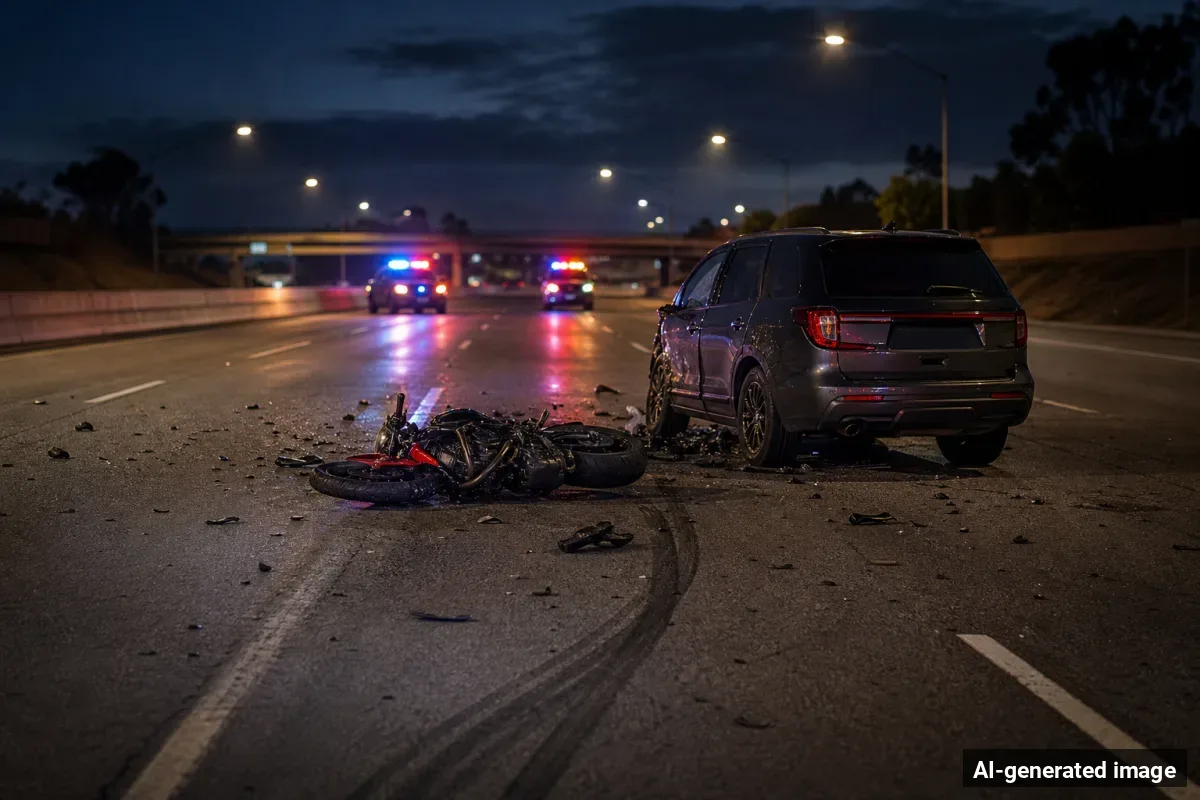 AI-generated image – Motorcyclist Hurt in Crash With Vehicle on 605 Freeway in Industry AI-generated image depicting the aftermath of the reported collision. Editorial scene illustration; not the actual incident.