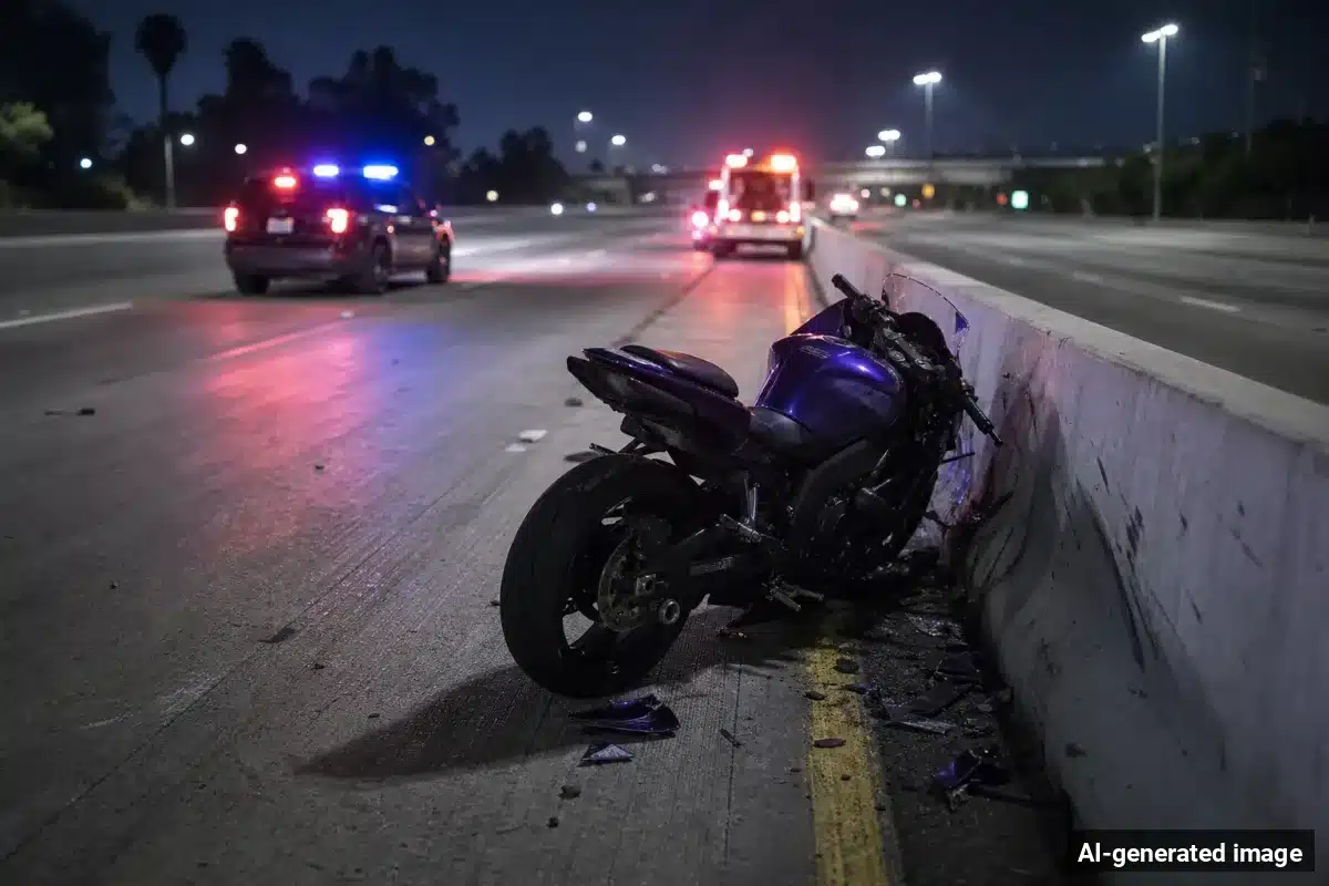 AI-generated image – Motorcyclist Hurt in Southbound I-15 Crash in Hesperia AI-generated image depicting the aftermath of the reported collision. Editorial scene illustration; not the actual incident.