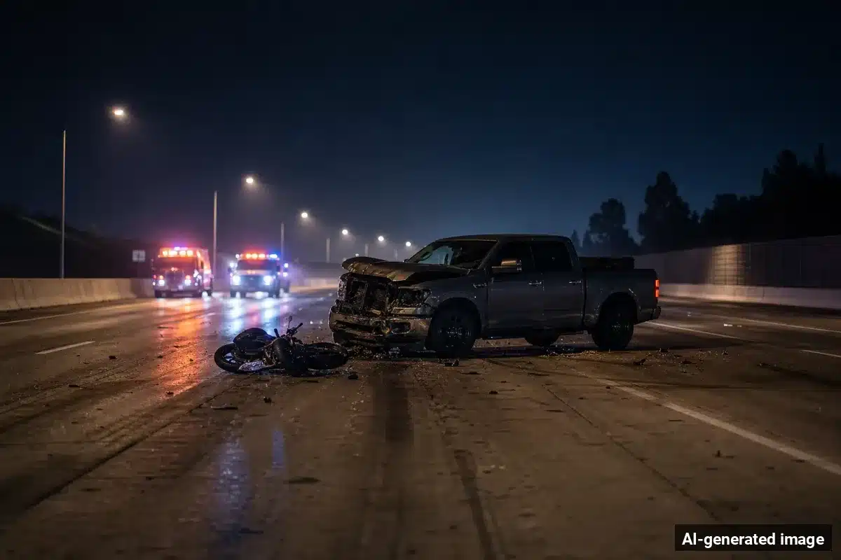 AI-generated image – Motorcyclist Killed in Crash on Southbound I-15 Near Cajon Pass AI-generated image depicting the aftermath of the reported collision. Editorial scene illustration; not the actual incident.