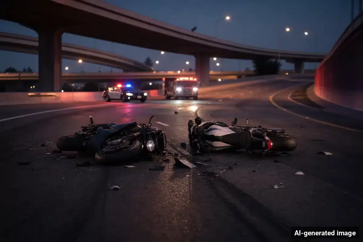 AI-generated image – One Dead, One Hurt in Two-Motorcycle Crash on Highway 135 On-Ramp AI-generated image depicting the aftermath of the reported collision. Editorial scene illustration; not the actual incident.