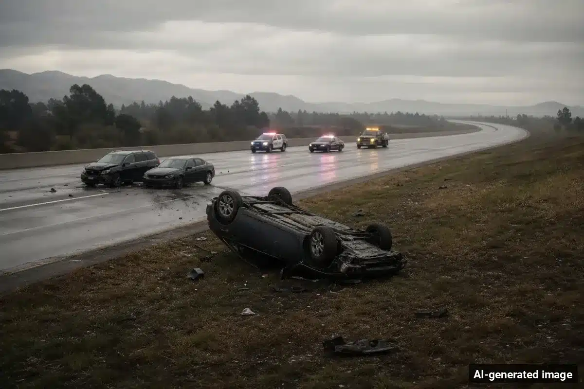 AI-generated image – One Dead, Several Hurt in Three-Vehicle Crash on Highway 198 Near Hanford AI-generated image depicting the aftermath of the reported collision. Editorial scene illustration; not the actual incident.