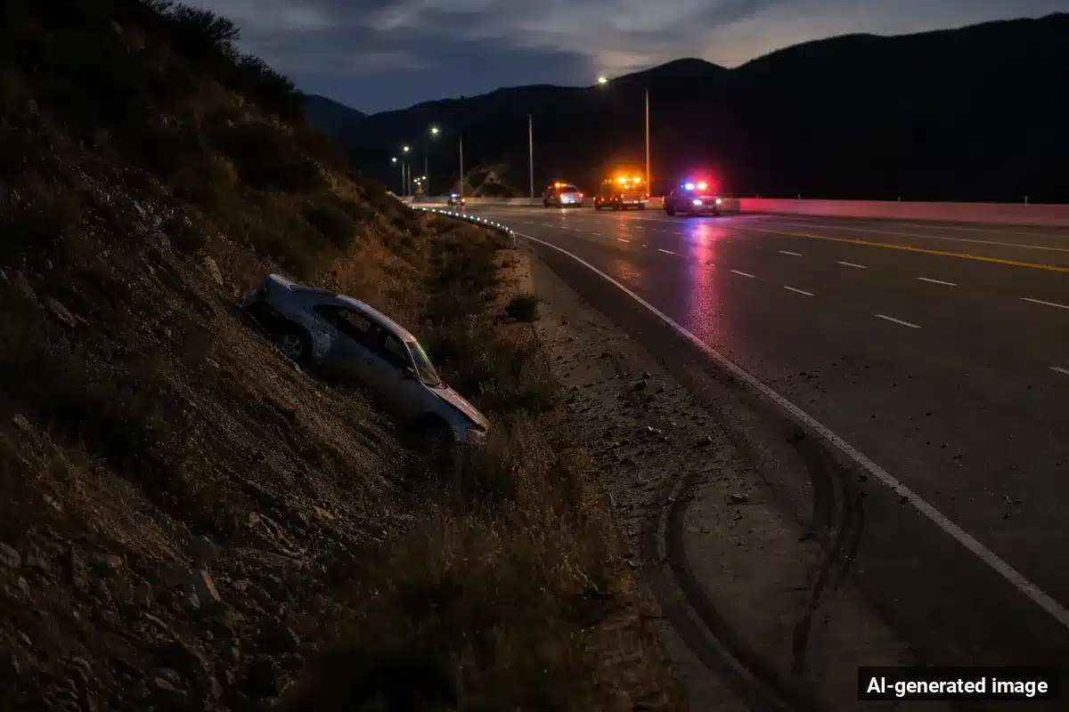 AI-generated image – One Dead, Three Rescued After Car Plunges Off Angeles Crest Highway AI-generated image depicting the aftermath of the reported collision. Editorial scene illustration; not the actual incident.