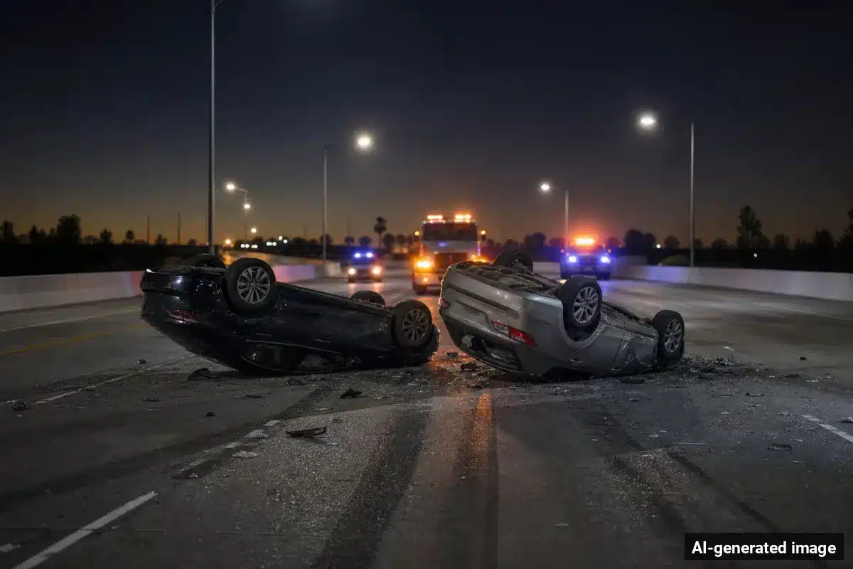 AI-generated image – One Dead, Two Hurt in Suspected DUI I-10 Crash Near Mecca AI-generated image depicting the aftermath of the reported collision. Editorial scene illustration; not the actual incident.
