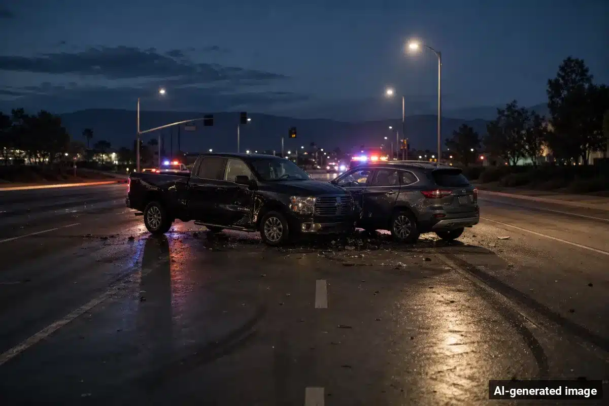 AI-generated image – One Killed, Another Critical in Bear Valley Road Crash in Apple Valley AI-generated image depicting the aftermath of the reported collision. Editorial scene illustration; not the actual incident.