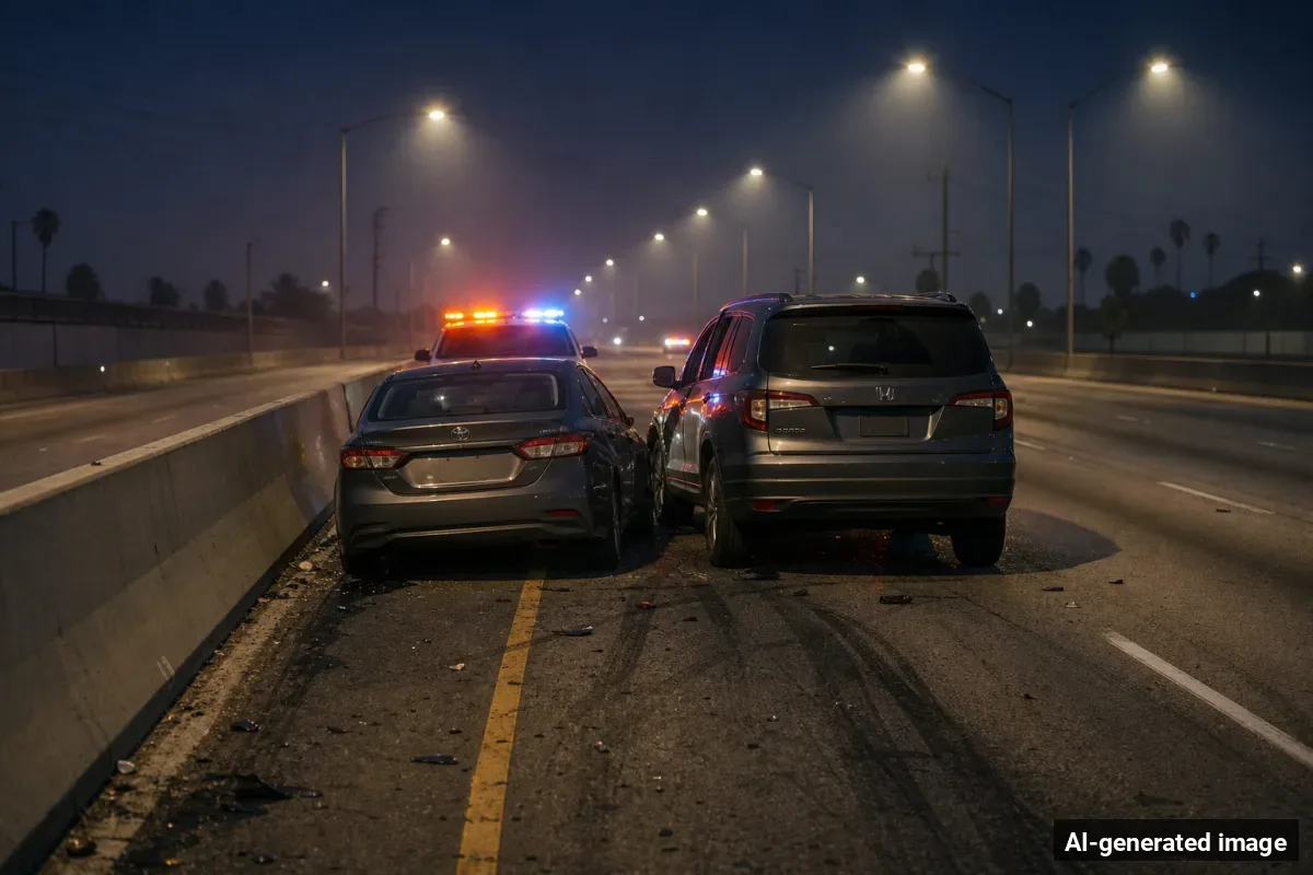 AI-generated image – One Killed in Two-Vehicle Crash on 5 Freeway Near Los Feliz AI-generated image depicting the aftermath of the reported collision. Editorial scene illustration; not the actual incident.