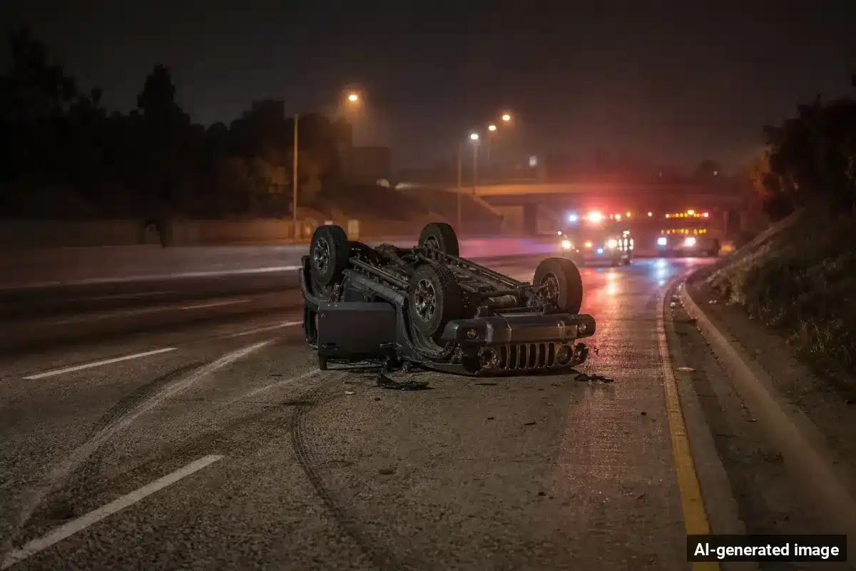 AI-generated image – Passenger Killed in I-215 SUV Rollover Crash in Mead Valley AI-generated image depicting the aftermath of the reported collision. Editorial scene illustration; not the actual incident.