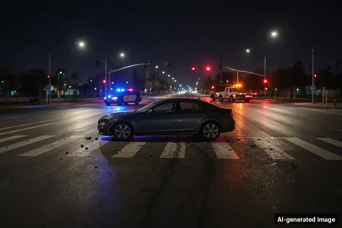 AI-generated image – Pedestrian Critically Hurt in Early-Morning Oxnard Boulevard Crash AI-generated image depicting the aftermath of the reported collision. Editorial scene illustration; not the actual incident.