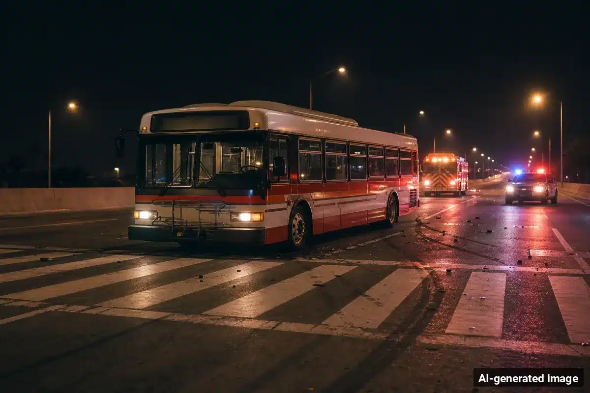 AI-generated image – Pedestrian Dies After Long Beach Transit Bus Crash on Golden Shore AI-generated image depicting the aftermath of the reported collision. Editorial scene illustration; not the actual incident.