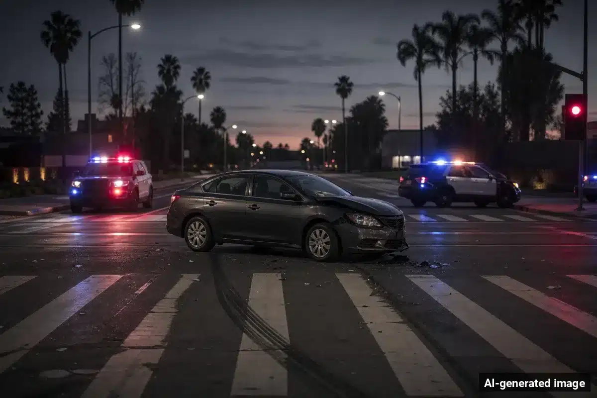 AI-generated image – Pedestrian Dies After Tully Road Crosswalk Crash in San Jose AI-generated image depicting the aftermath of the reported collision. Editorial scene illustration; not the actual incident.