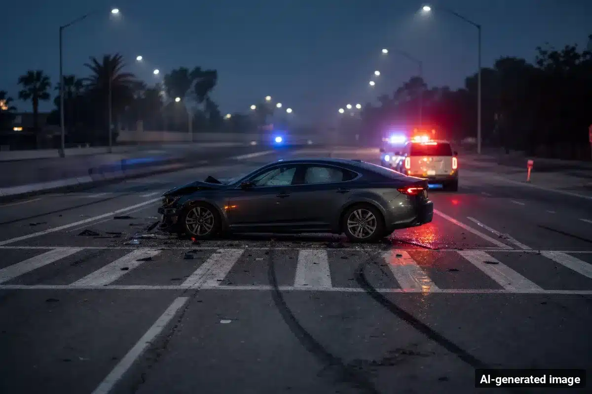 AI-generated image – Pedestrian Hurt in Early-Morning Chapala Street Crash in Santa Barbara AI-generated image depicting the aftermath of the reported collision. Editorial scene illustration; not the actual incident.