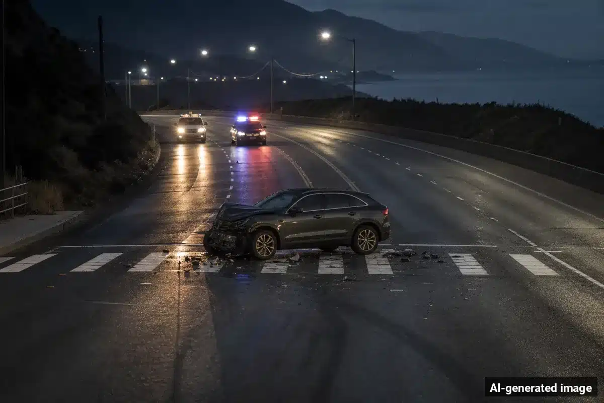AI-generated image – Pedestrian Killed Crossing Highway 1 at Capistrano Road in El Granada AI-generated image depicting the aftermath of the reported collision. Editorial scene illustration; not the actual incident.