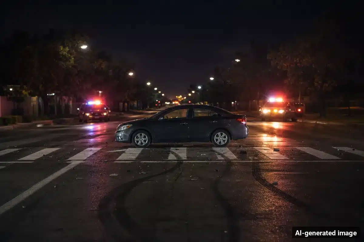 AI-generated image – Pedestrian Killed in Coast Village Road Crash in Montecito AI-generated image depicting the aftermath of the reported collision. Editorial scene illustration; not the actual incident.