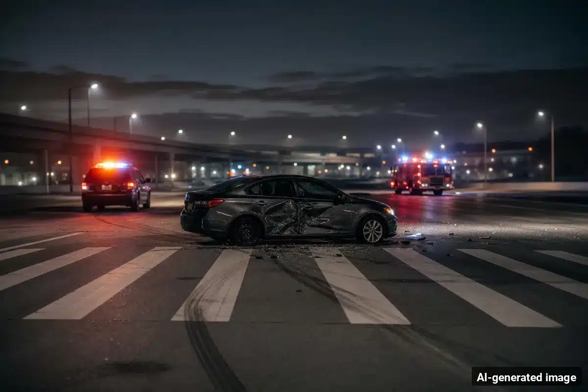 AI-generated image – Pedestrian Killed in Huntington Park Crash at Florence and Pacific AI-generated image depicting the aftermath of the reported collision. Editorial scene illustration; not the actual incident.
