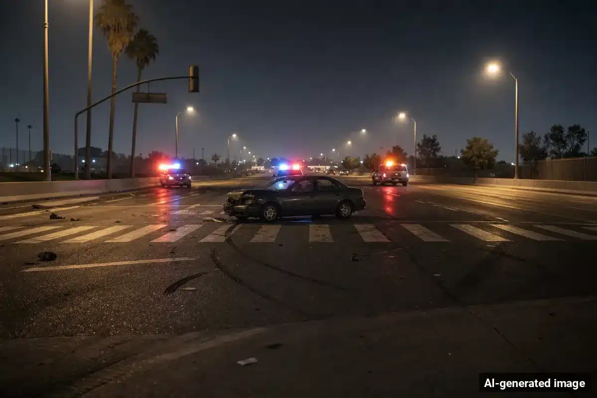 AI-generated image – Pedestrian Killed in Santa Ana Crash on N. Harbor Boulevard AI-generated image depicting the aftermath of the reported collision. Editorial scene illustration; not the actual incident.