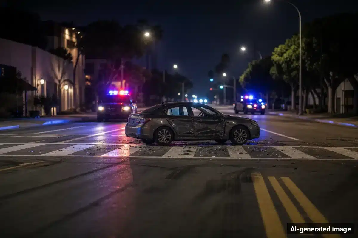 AI-generated image – Pedestrian Seriously Hurt in Montecito Vehicle Collision on Coast Village Road AI-generated image depicting the aftermath of the reported collision. Editorial scene illustration; not the actual incident.