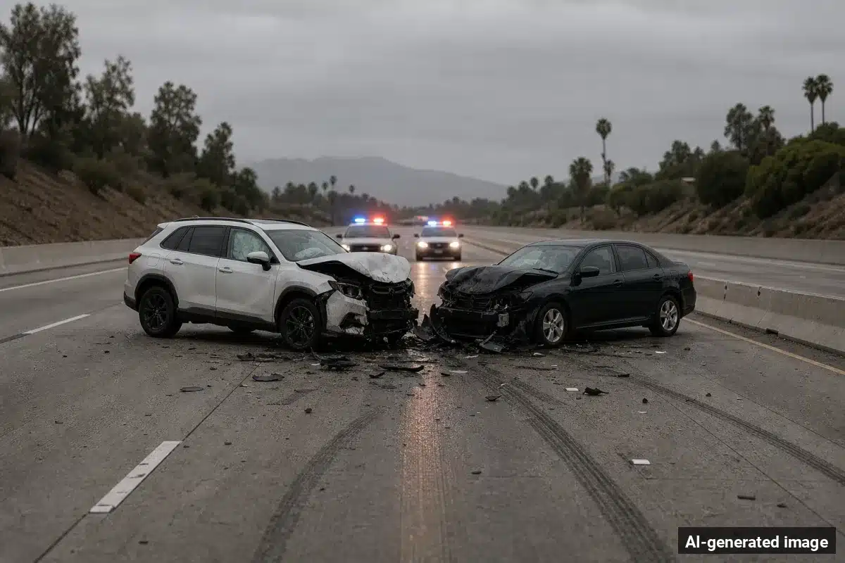 AI-generated image – Person Killed in Head-On Crash on Highway 108 Near Sonora AI-generated image depicting the aftermath of the reported collision. Editorial scene illustration; not the actual incident.