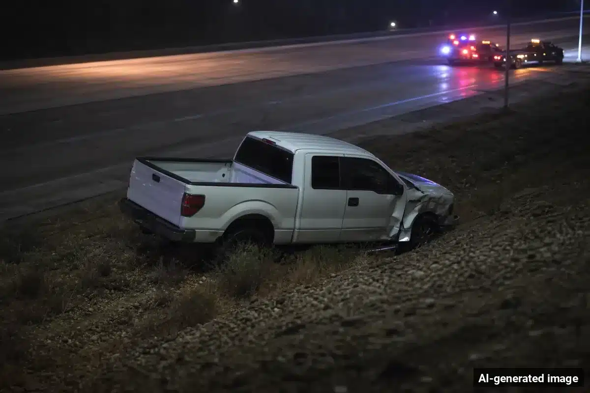 AI-generated image – Pickup Driver Killed in Solo Crash on Riebli Road in Eastern Santa Rosa AI-generated image depicting the aftermath of the reported collision. Editorial scene illustration; not the actual incident.