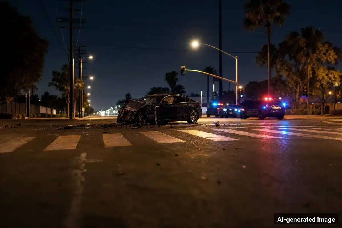 AI-generated image – Riverside Hospital Worker Killed by Pursuit Driver on Magnolia Ave AI-generated image depicting the aftermath of the reported collision. Editorial scene illustration; not the actual incident.