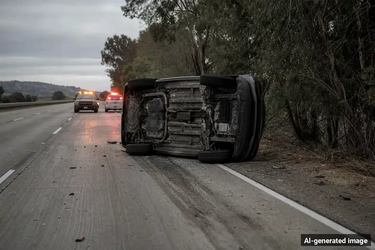 AI-generated image – Rollover Crash on Highway 101 North of Gaviota Injures Two AI-generated image depicting the aftermath of the reported collision. Editorial scene illustration; not the actual incident.