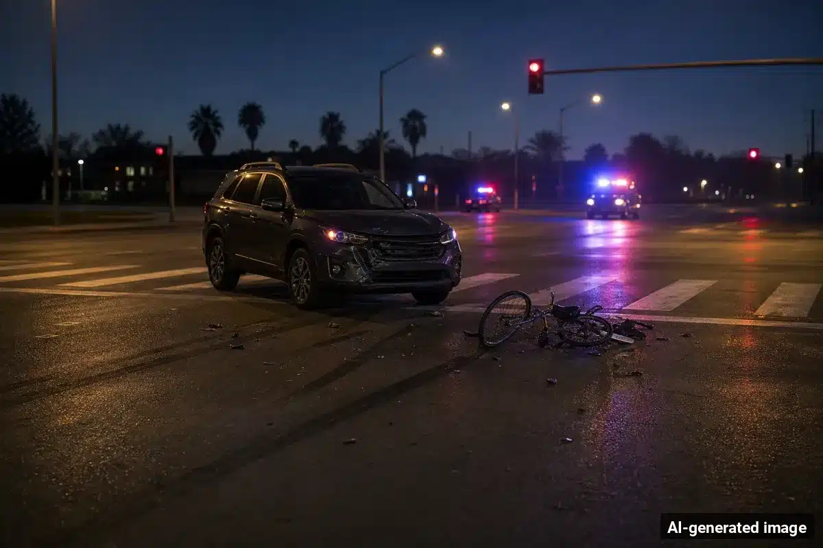 AI-generated image – San Jose Bicyclist Critically Hurt in Crash at King and McKee AI-generated image depicting the aftermath of the reported collision. Editorial scene illustration; not the actual incident.